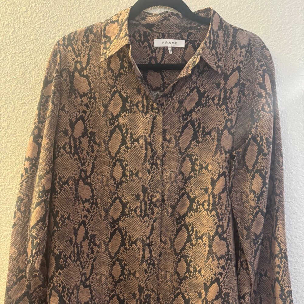 FRAME Snakeskin Print Silk Button-Up Blouse - Size L